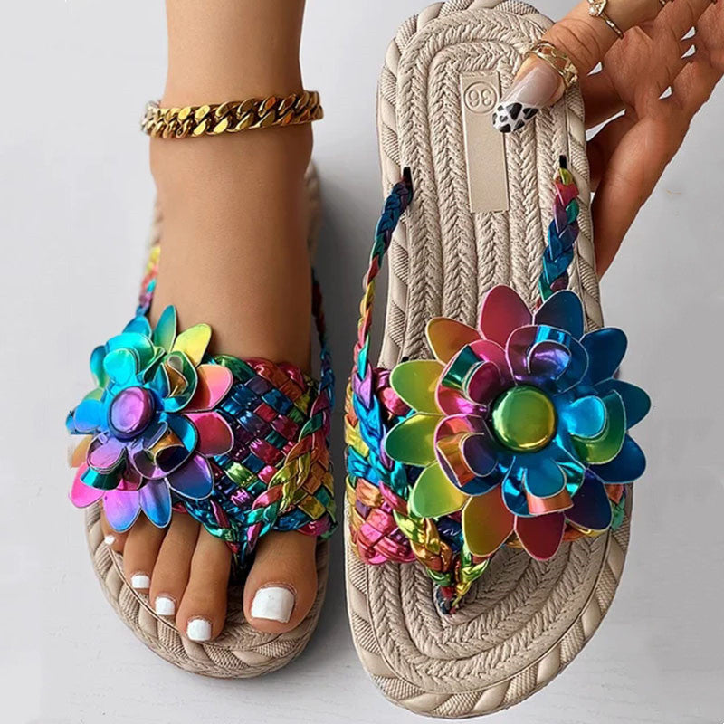 Women's Fashion Casual Shoes Flat Holiday Woven Printed Beach Flip Flops - Beuti-Ful
