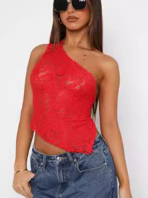 Lace Backless Top Summer Solid Color Waistless Asymmetrical Sloped Neck Vest