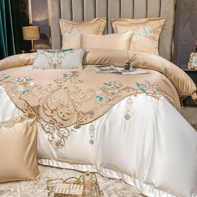 Champagne Flower Embroidery Four-piece Luxury Bedding Set - Beuti-Ful
