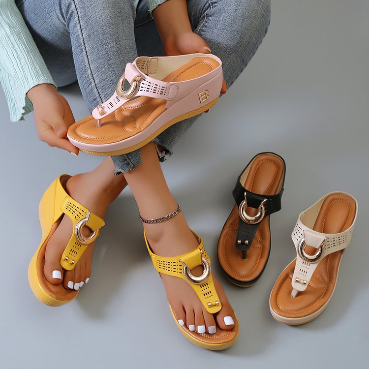 Thong Sandals Women High Heel Wedges Shoes Flip Flops Metal Decorative Slides Slippers - Beuti-Ful