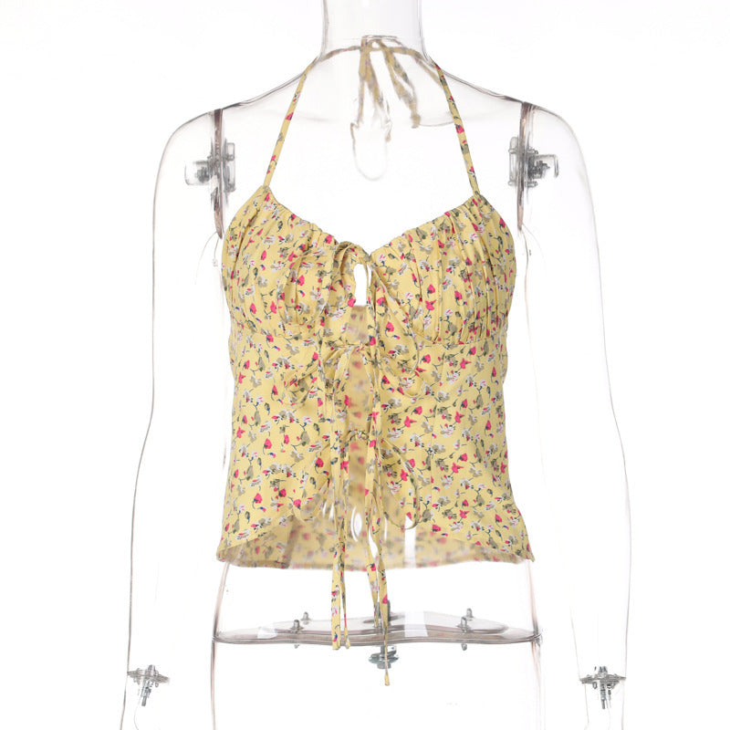 Floral Sleeveless Navel Wrap Breast Tie Slim Crop Top Women