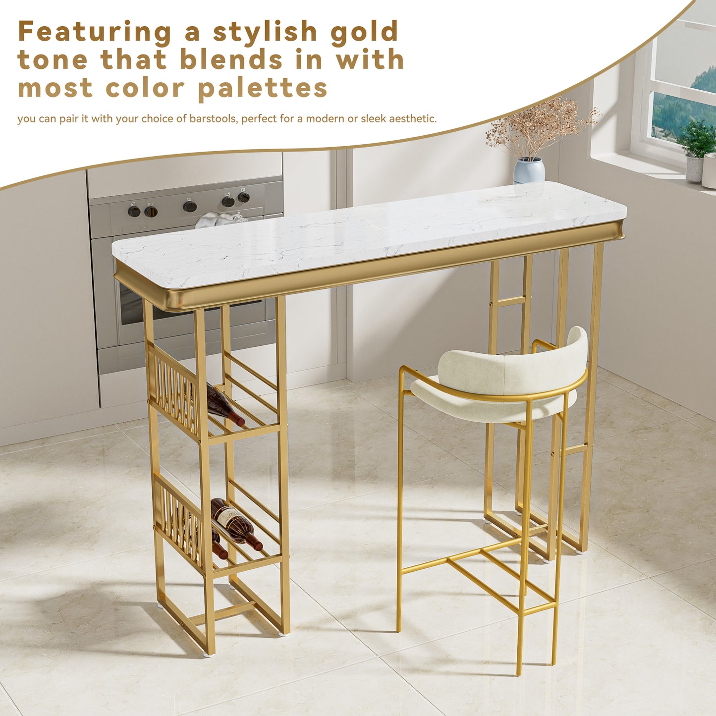 55.1&quot; Modern Straight Bar Table with Shelves in White &amp; Gold
