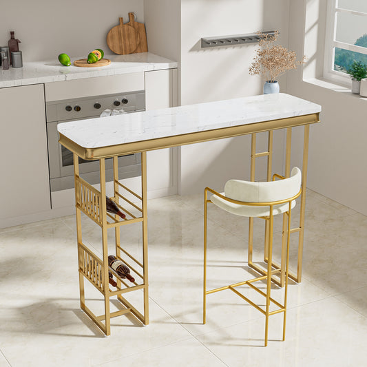 55.1&quot; Modern Straight Bar Table with Shelves in White &amp; Gold