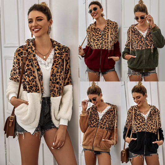 Women's Fashion Casual Leopard Print Stitching Thick Fleece Furry Sweater Hooded Top