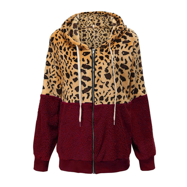 Women's Fashion Casual Leopard Print Stitching Thick Fleece Furry Sweater Hooded Top