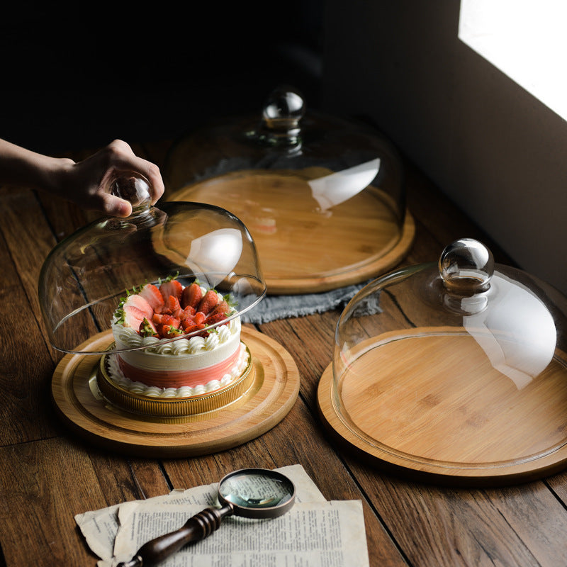 Bamboo wooden cake glass cover tray - Beuti-Ful