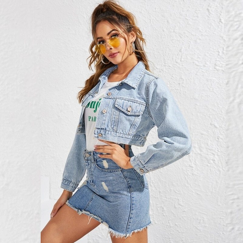 Ladies Fashion Lapel Short Denim Jacket - Beuti-Ful
