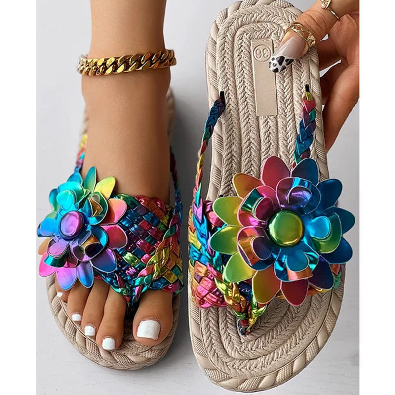 Women's Fashion Casual Shoes Flat Holiday Woven Printed Beach Flip Flops - Beuti-Ful