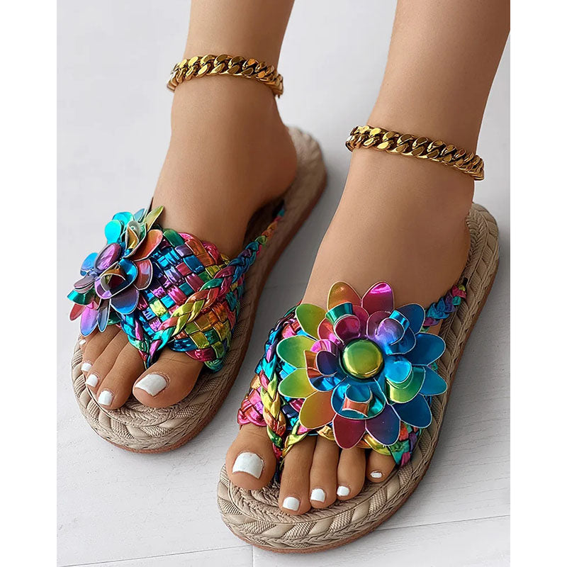 Women's Fashion Casual Shoes Flat Holiday Woven Printed Beach Flip Flops - Beuti-Ful