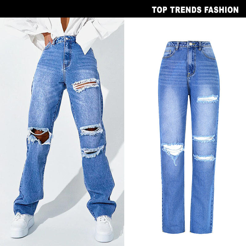 Women's High Waist Straight Ripped Jeans - Beuti-Ful
