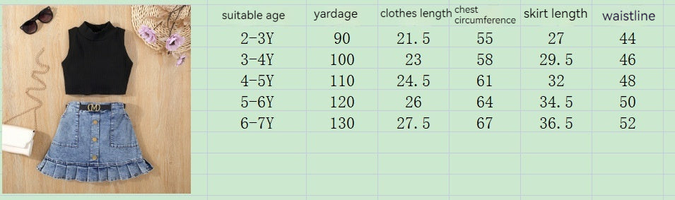 Girls' Solid Color Waistcoat Sleeveless Top Denim Open Bag Pleated Skirt Suit - Beuti-Ful