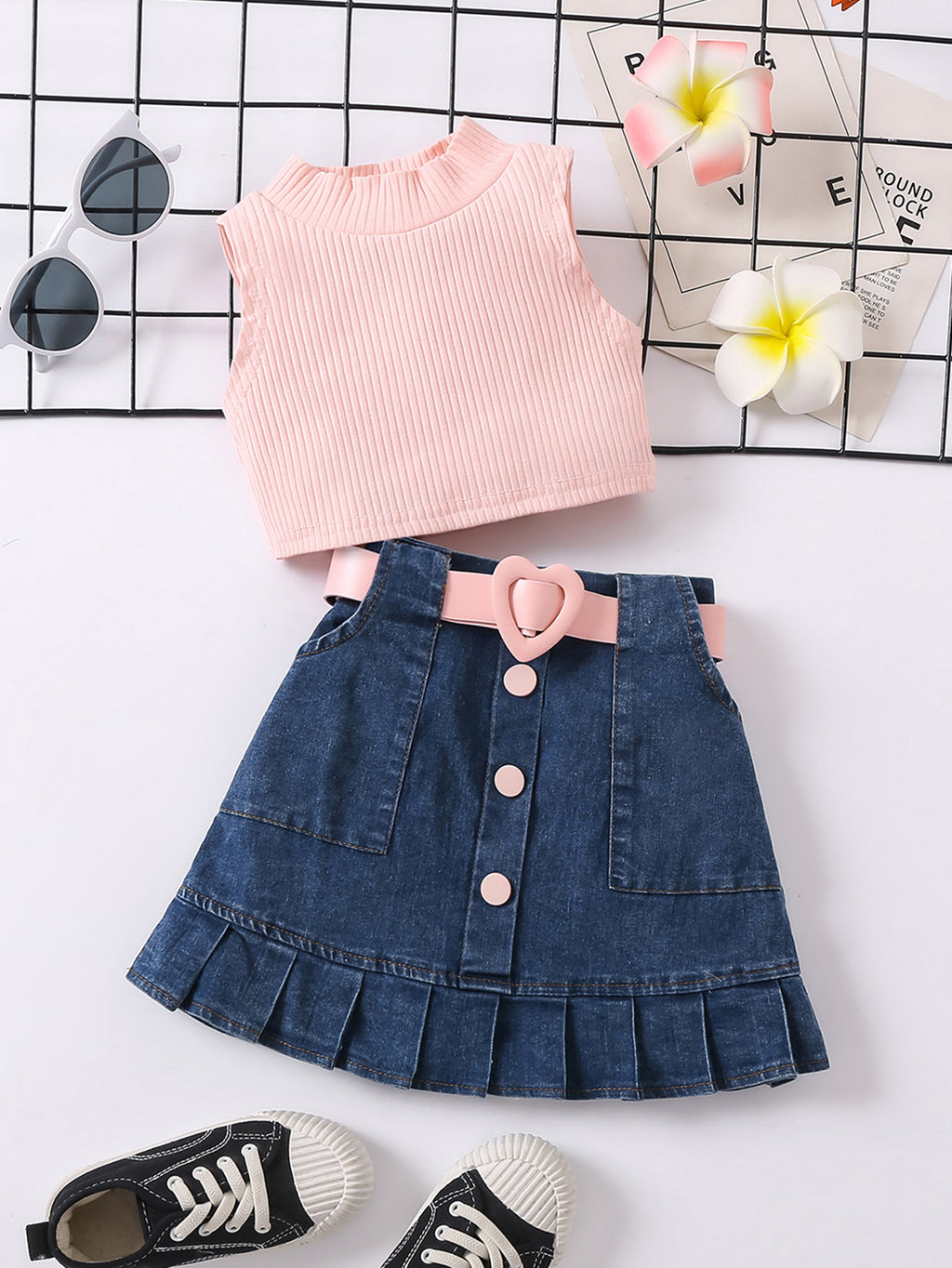 Girls' Solid Color Waistcoat Sleeveless Top Denim Open Bag Pleated Skirt Suit - Beuti-Ful