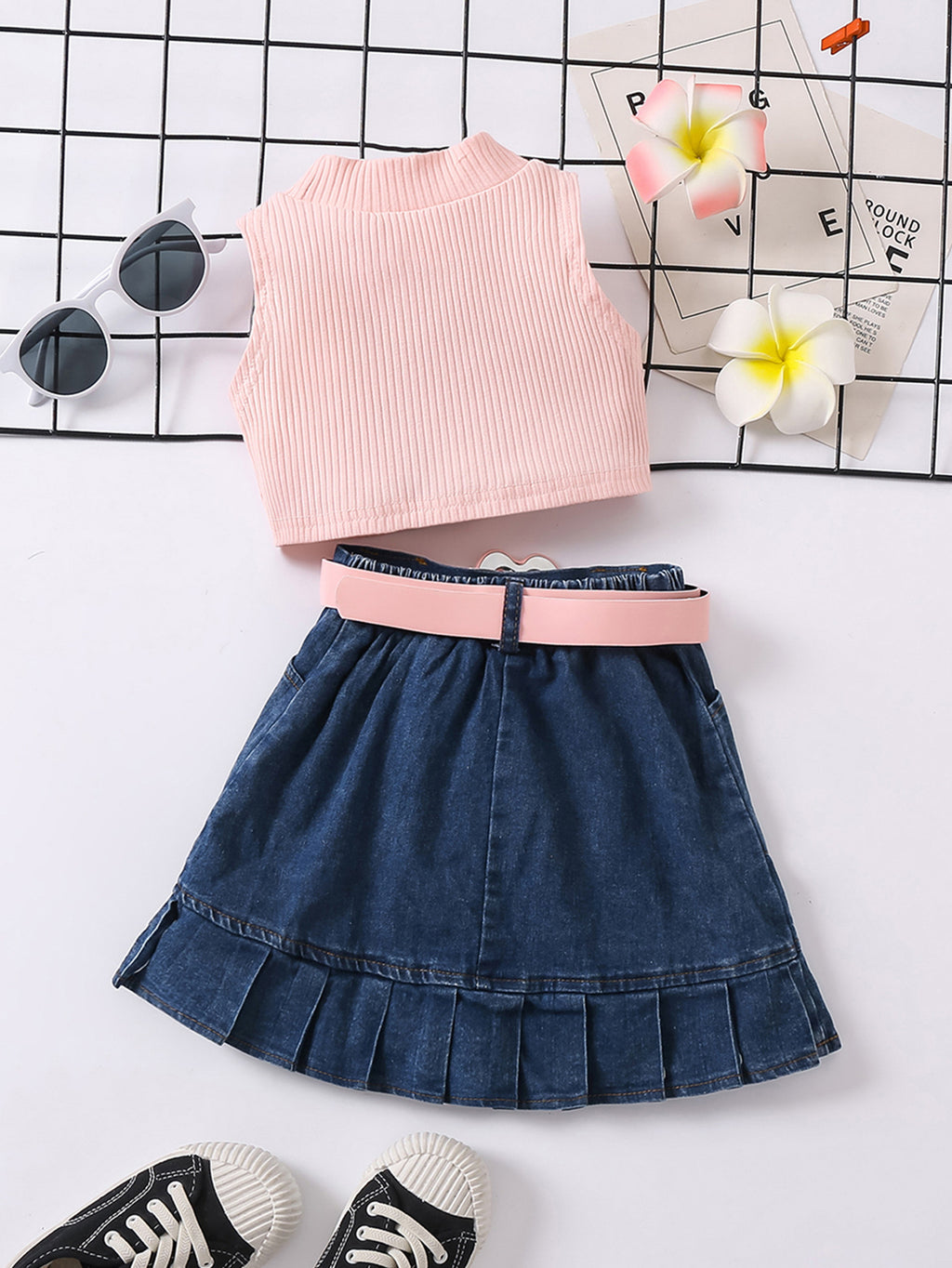 Girls' Solid Color Waistcoat Sleeveless Top Denim Open Bag Pleated Skirt Suit - Beuti-Ful