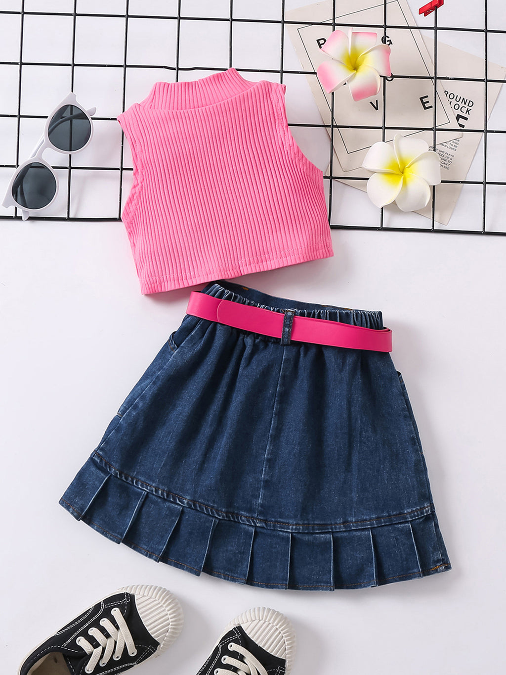Girls' Solid Color Waistcoat Sleeveless Top Denim Open Bag Pleated Skirt Suit - Beuti-Ful