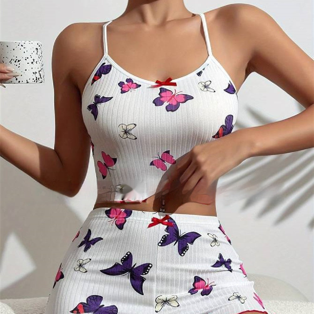 Rib Printed Women's Elastic Pajamas Suit