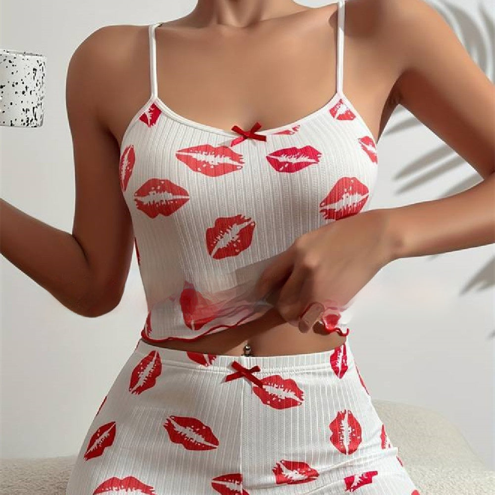 Rib Printed Women's Elastic Pajamas Suit