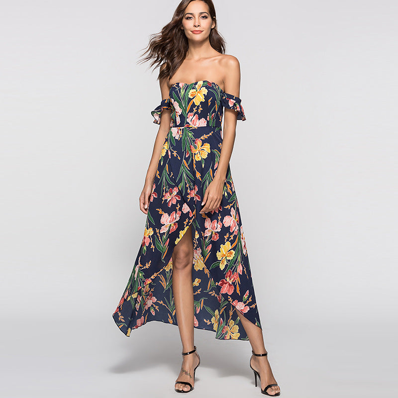 Rinted Dress Sexy Wrapped Chest Raglan Sleeve Long Skirt - Beuti-Ful