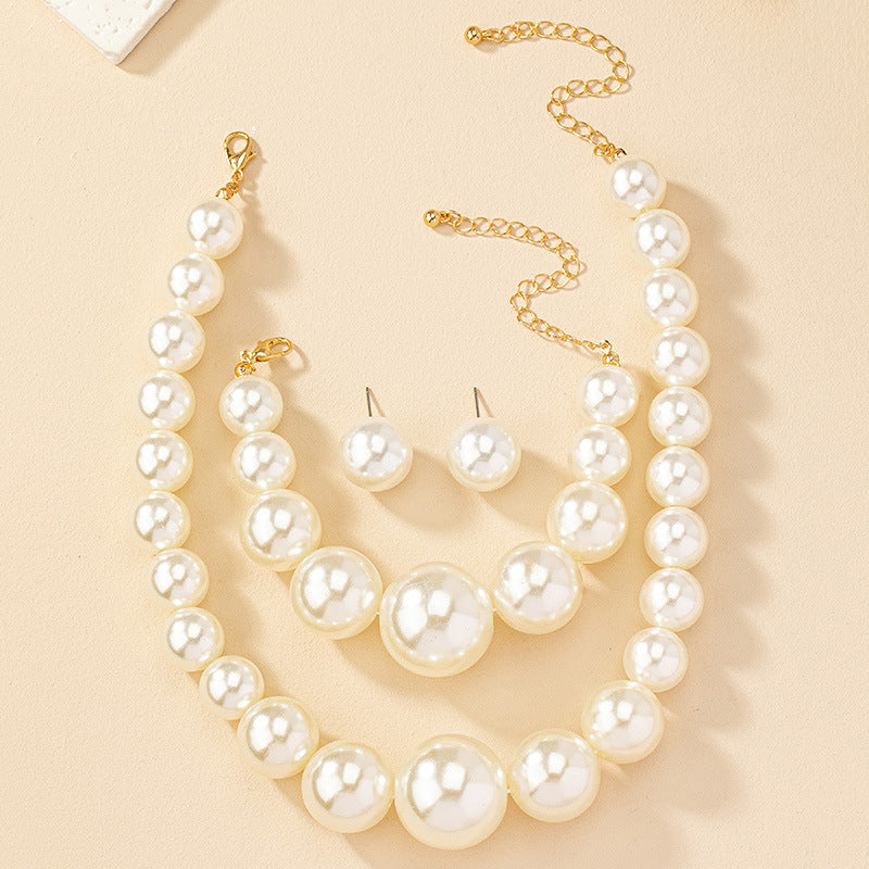 French Retro Fresh Water Pearl Earrings Bracelet And Necklace Set