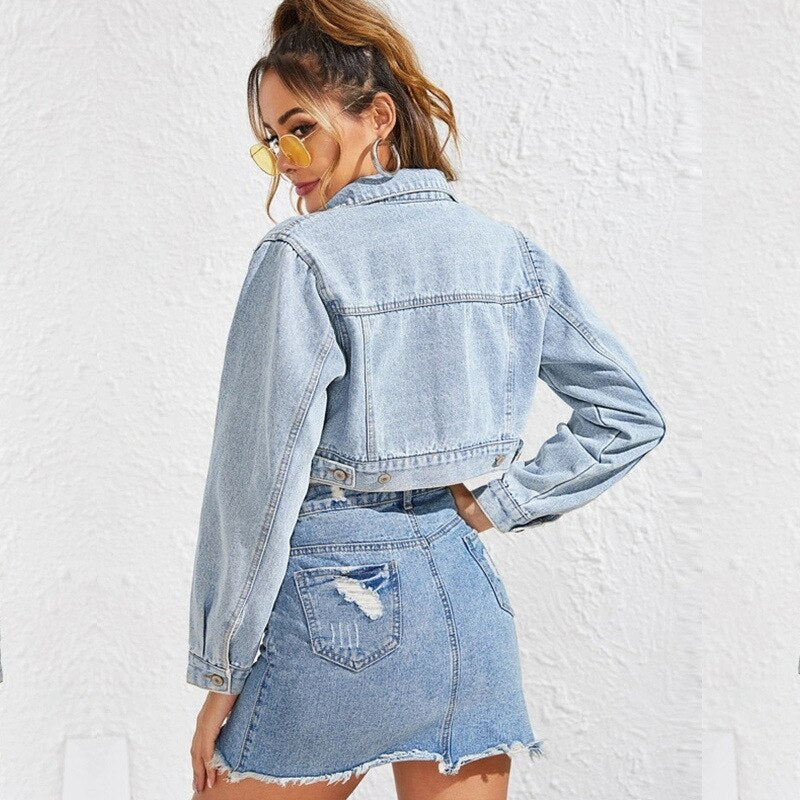 Ladies Fashion Lapel Short Denim Jacket - Beuti-Ful
