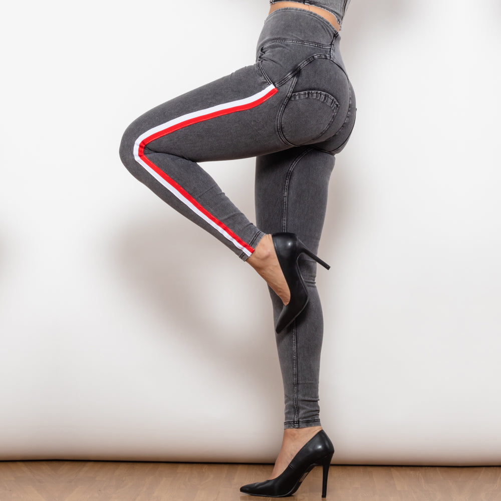 High Waist Dark  Grey Jeans With Stripe Jeans Bum Lift Pants Shaping Jeggings Women Pants