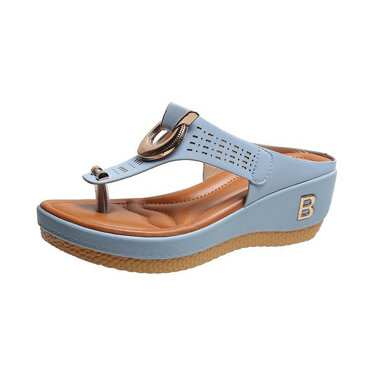 Thong Sandals Women High Heel Wedges Shoes Flip Flops Metal Decorative Slides Slippers - Beuti-Ful