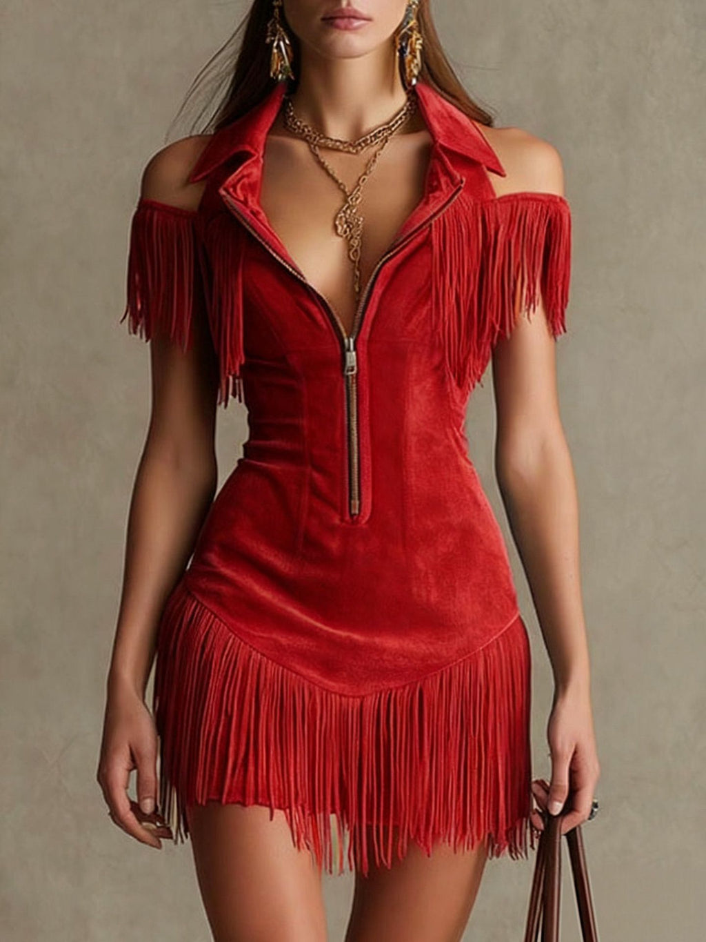 Retro Suede Tassel Off-Shoulder Dress - Beuti-Ful