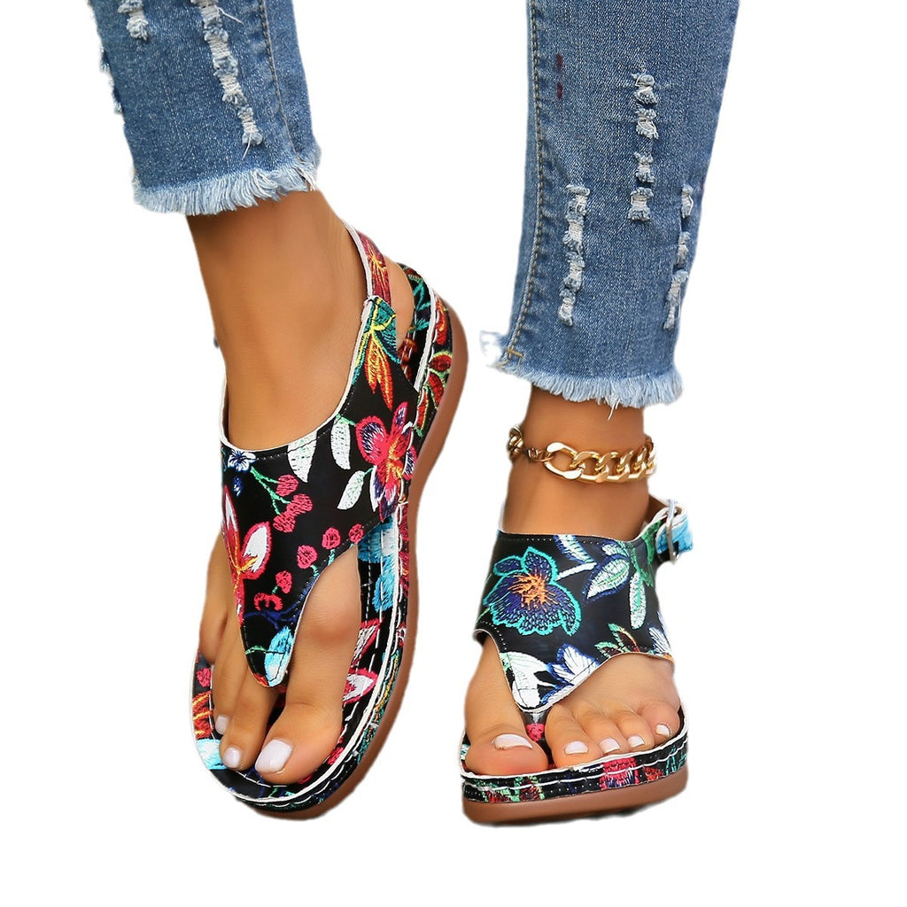 Herringbone Sandals Ethnic Style Embroidered Flower Back Buckle Wedge - Beuti-Ful