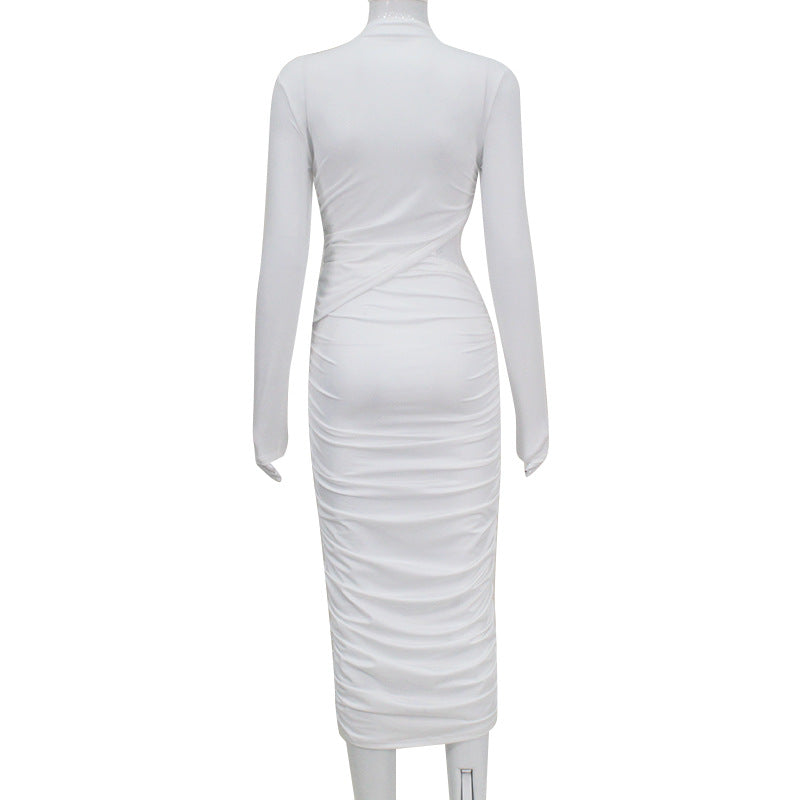 Women's Autumn Long Sleeve Sexy Cutout Pleated Tight Dress - Beuti-Ful