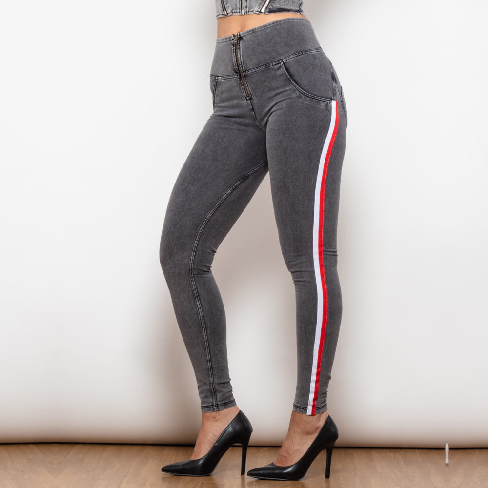 High Waist Dark  Grey Jeans With Stripe Jeans Bum Lift Pants Shaping Jeggings Women Pants