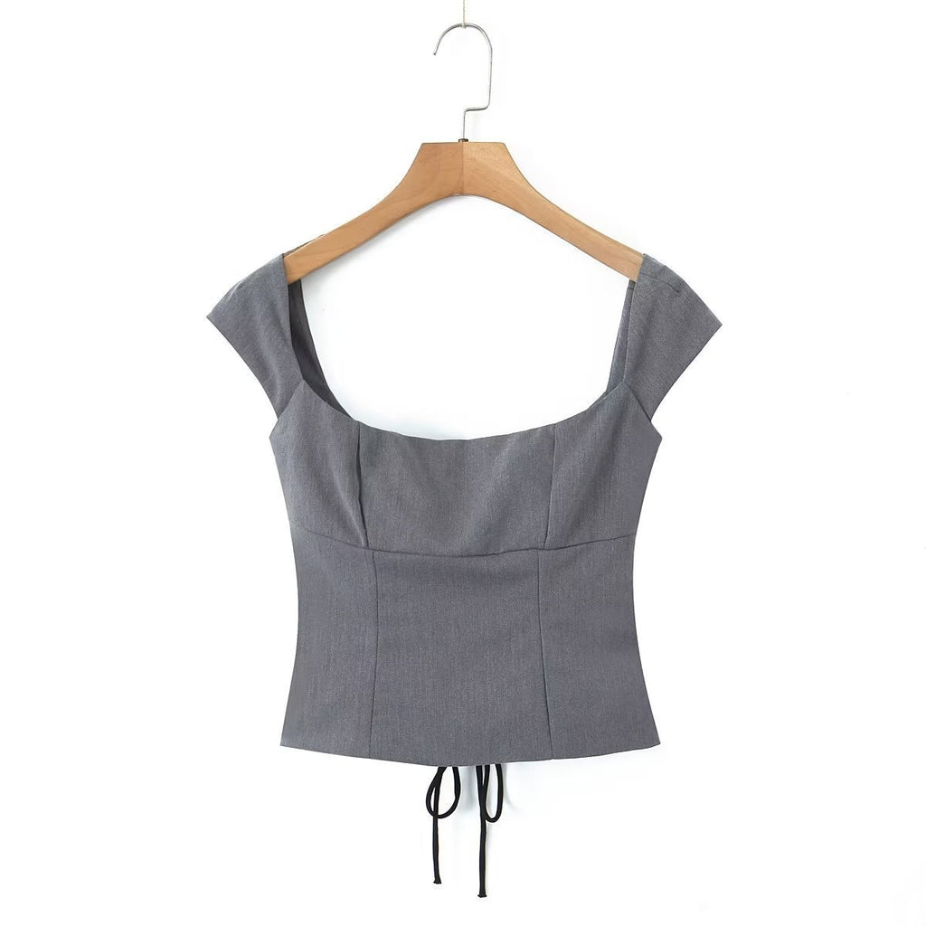 Gray Lace-up Vest Top Sheath Skirt Suit - Beuti-Ful