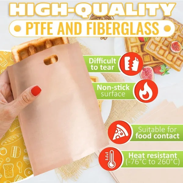 12Pcs Non Stick Toaster Bags Reusable 6.7 X7.5 Inch Grilled Cheese Bags Heat Resistant & Easy To Clean Mess Free