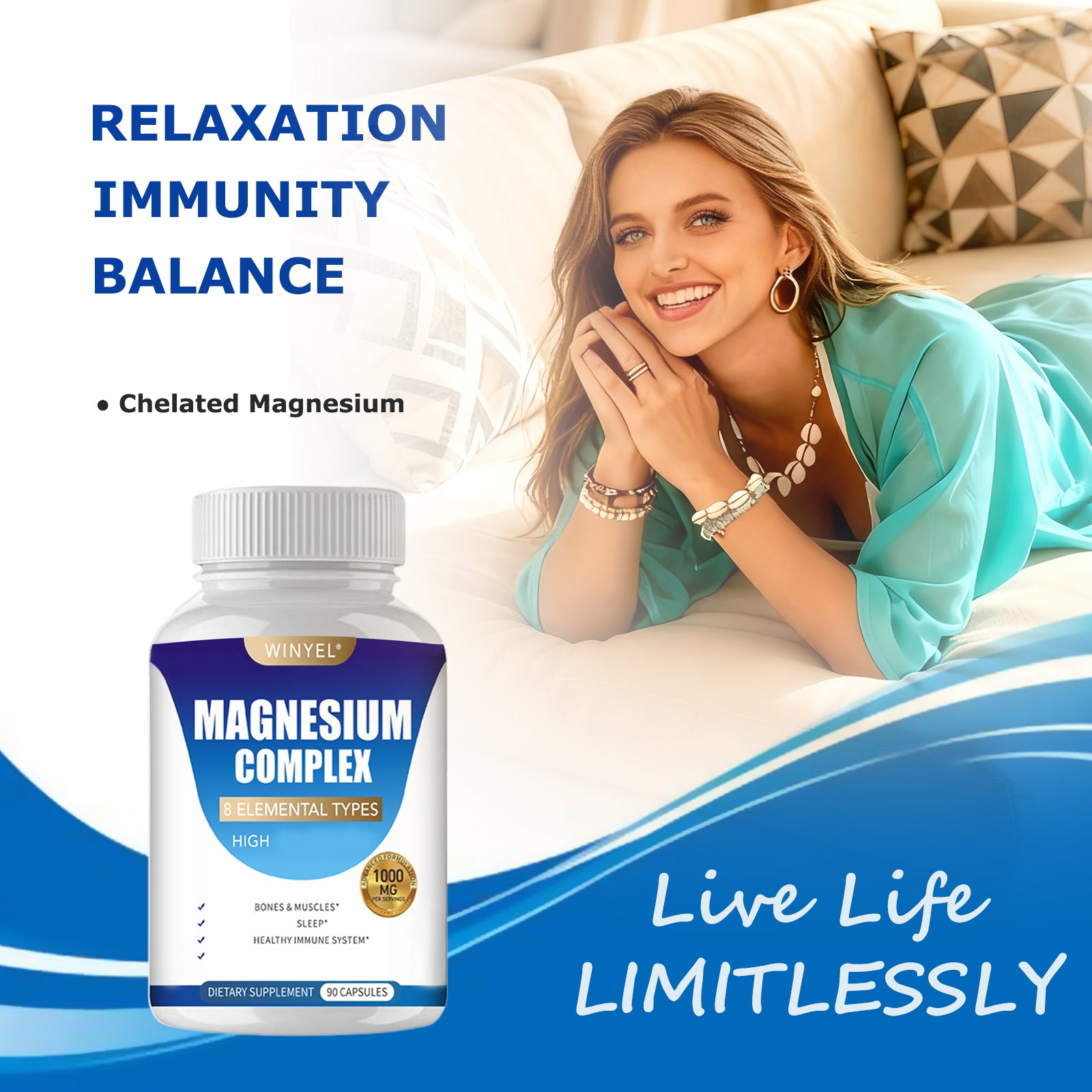 MAGNESIUM COMPLEX Wellness Capsules With Malate & Glycinate And 8 ELEMENTAL MAGNESIUM, Supports Health 90 Capsules, Dietary Supplement. - Beuti-Ful