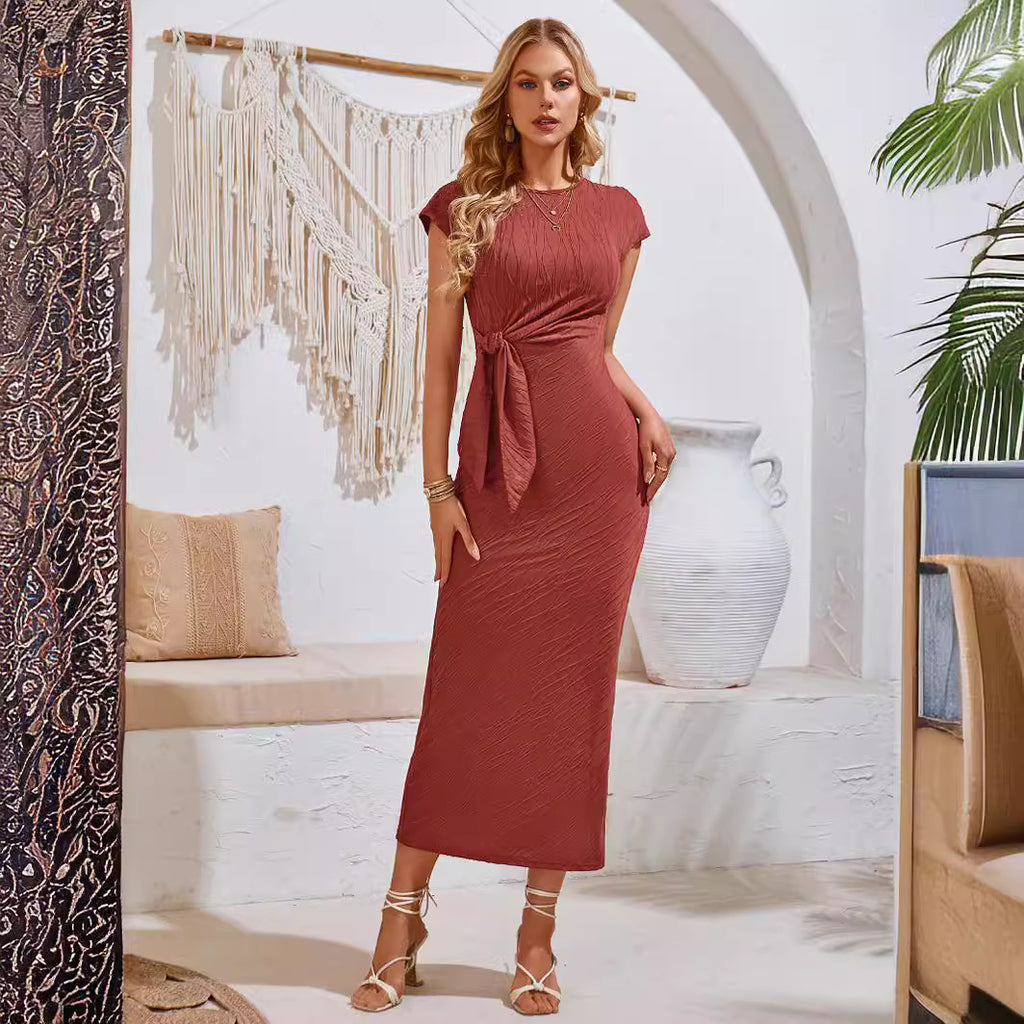 Women's Casual Solid Color Round Neck Waist Trimming Knitted Lace-up Dress - Beuti-Ful