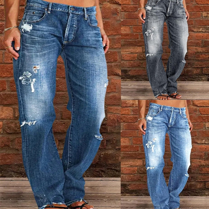 Loose Wide Leg Denim Retro Washed Ripped Trousers - Beuti-Ful