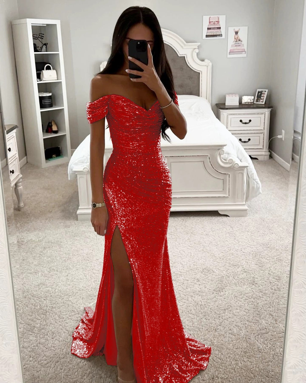 Sequins Off-neck Split Dress - Beuti-Ful
