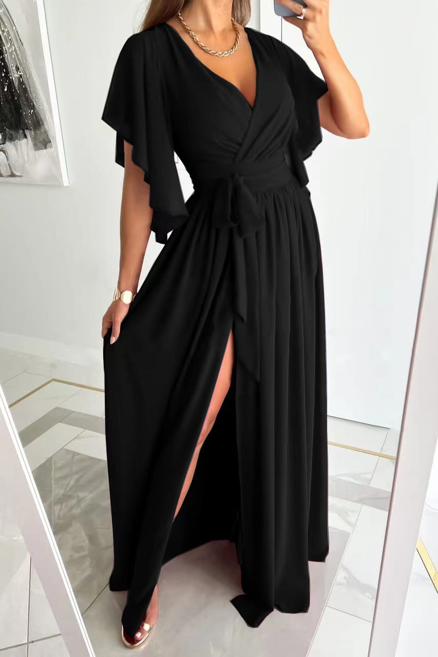 Solid Color Bell Sleeve Loose V-neck Mop Dress