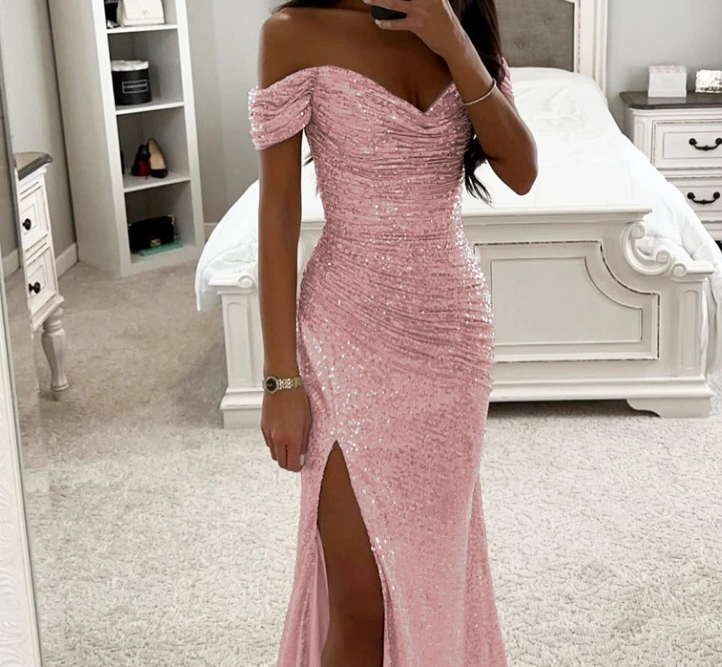 Sequins Off-neck Split Dress - Beuti-Ful