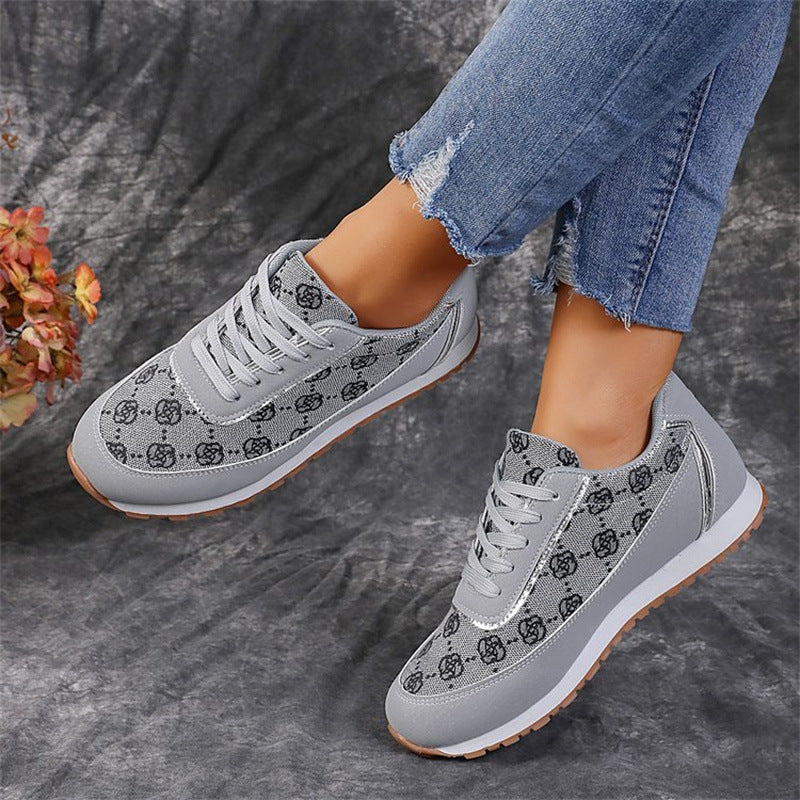 Flower Print Lace-up Sneakers Casual Fashion Lightweight Breathable Walking Running Sports Shoes Women Flats