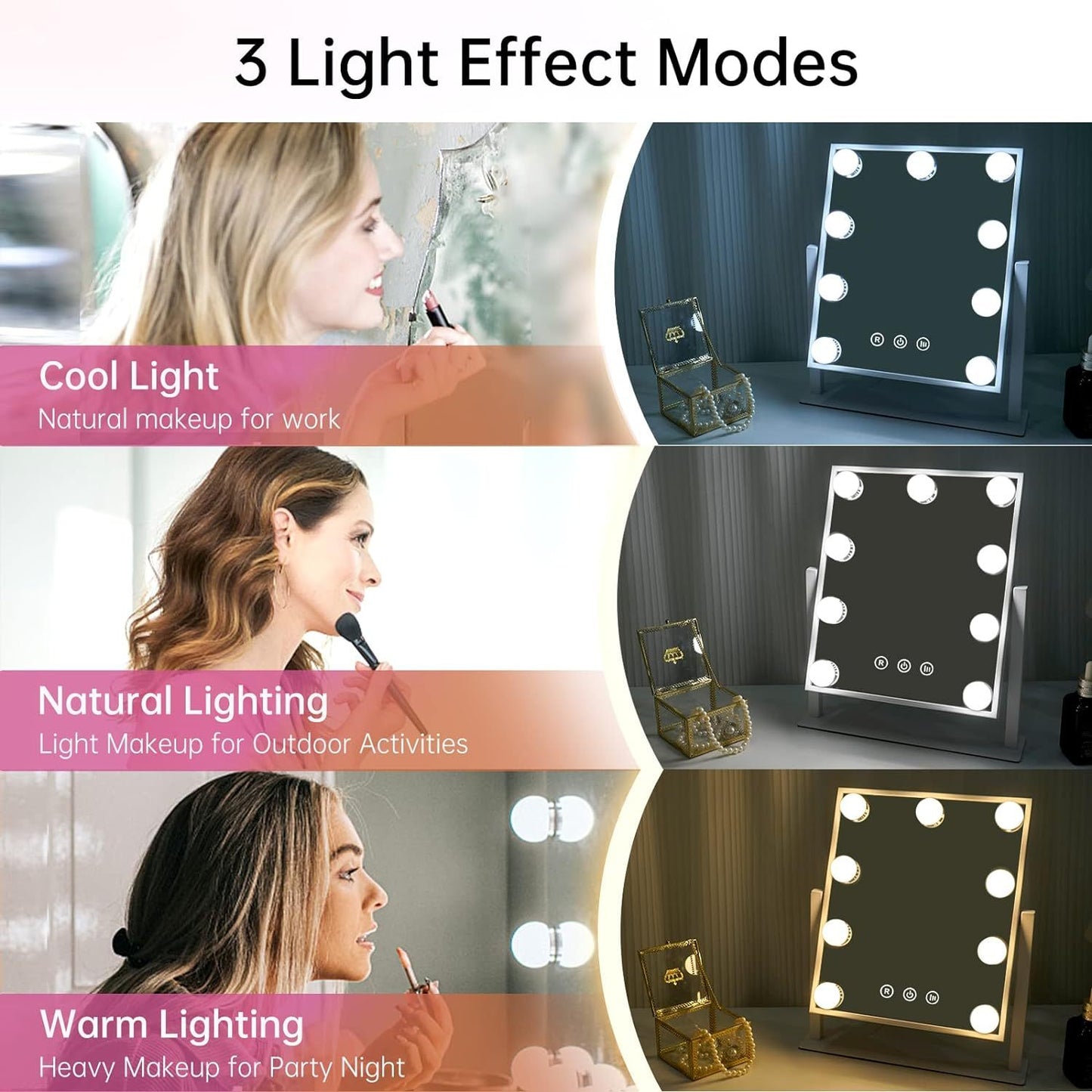 Lighted Makeup Vanity Mirror,  With 9 Dimmable Bulbs And 3 Color Lighting Modes, Smart Touch Control