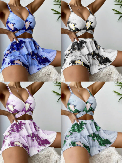 Women's Marble Printed Three-piece Set Bikini