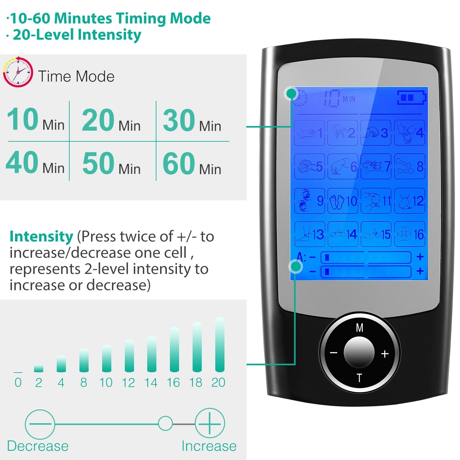 1Pc Rechargeable Tens Unit Machine Impulse Massager 16 Modes Muscle Stimulator