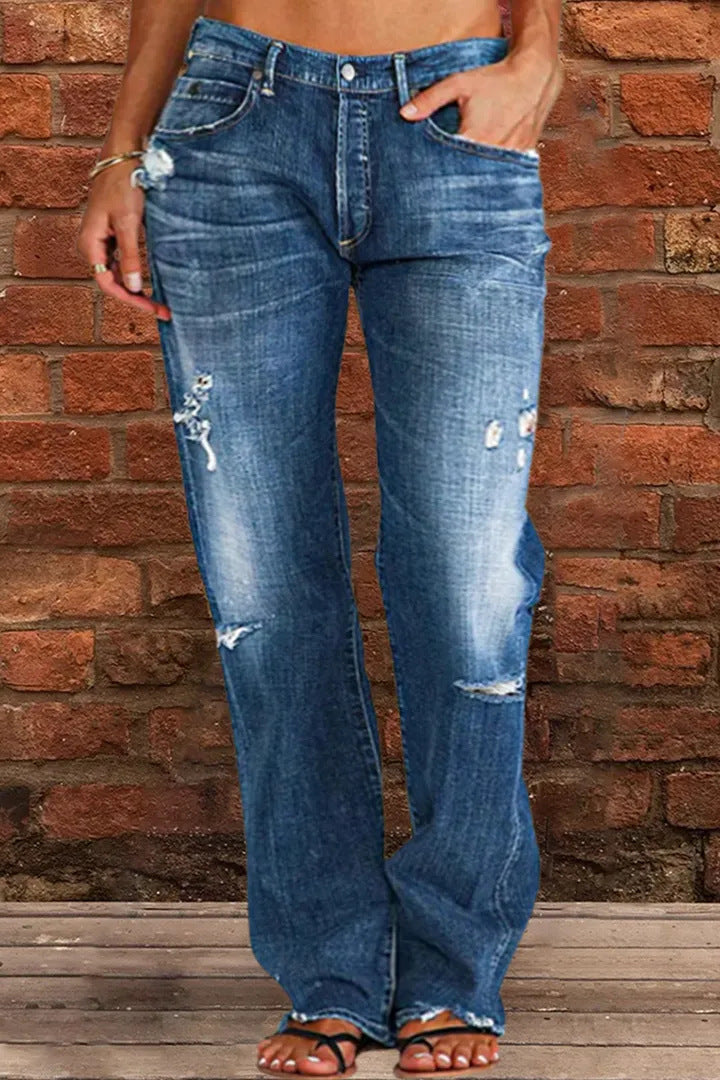 Loose Wide Leg Denim Retro Washed Ripped Trousers - Beuti-Ful