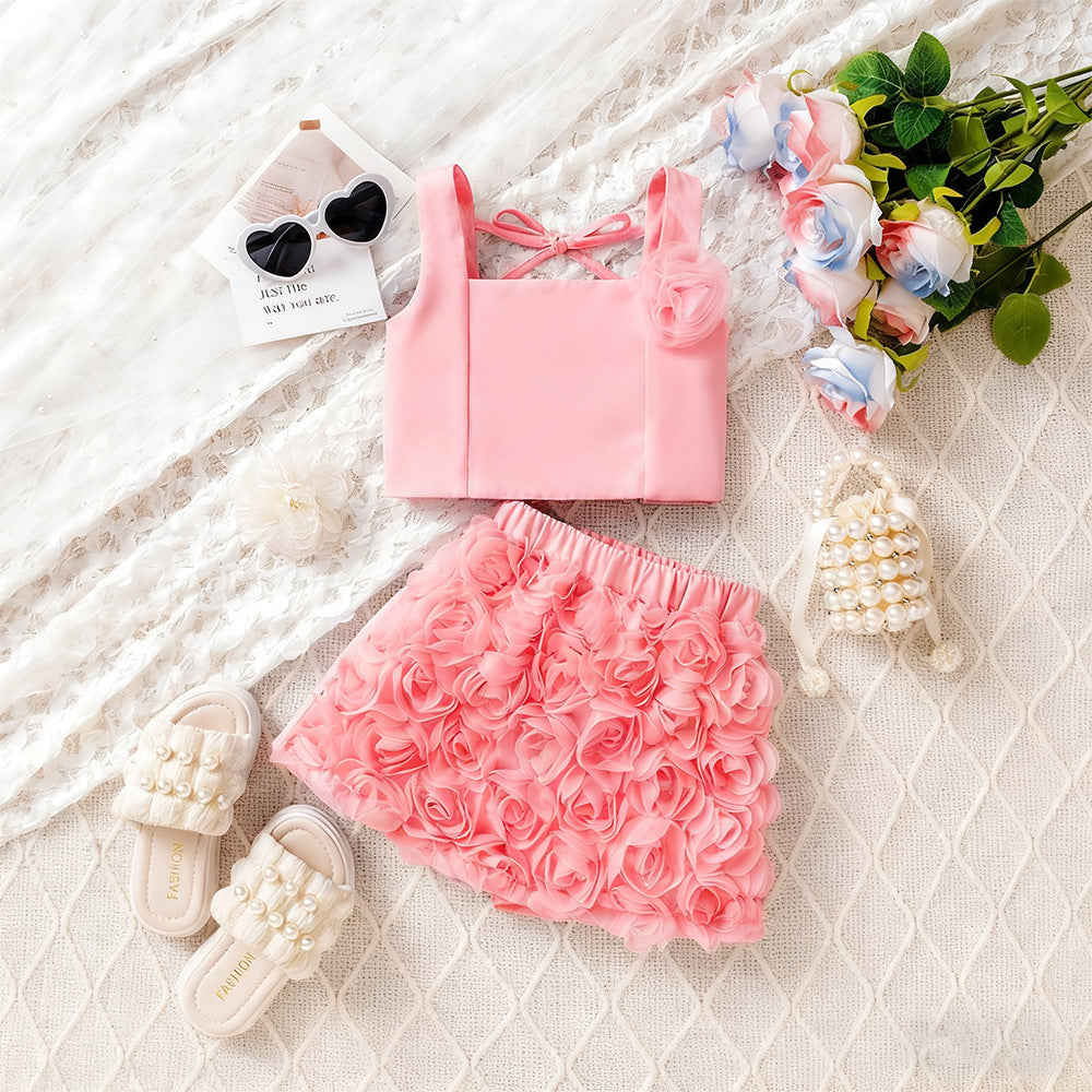 Strapless Crop Top Rose Petal Shorts Two-piece Set