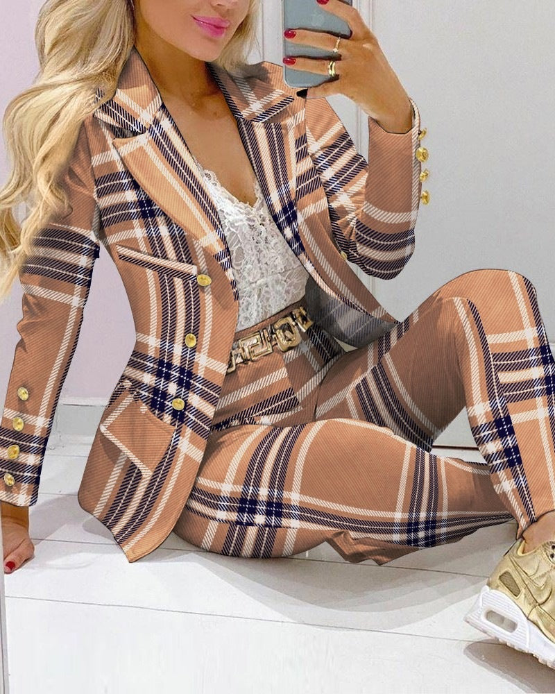 Casual Fashion Set Women's Suit Pink Suit Yellow Brown Striped Dotted Chain - Beuti-Ful