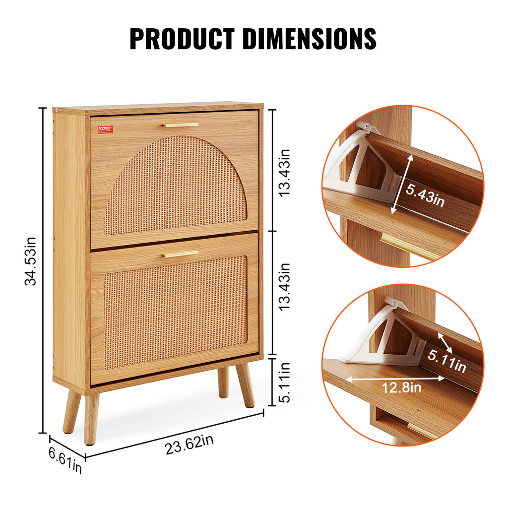 Shoe Cabinet With 2 Flip Drawers, Shoe Storage Cabinet For Entryway, Free Standing Shoe Storage Organizer With Rattan Doors For Heels, Boots, Slippers In Hallway, Living Room - Beuti-Ful