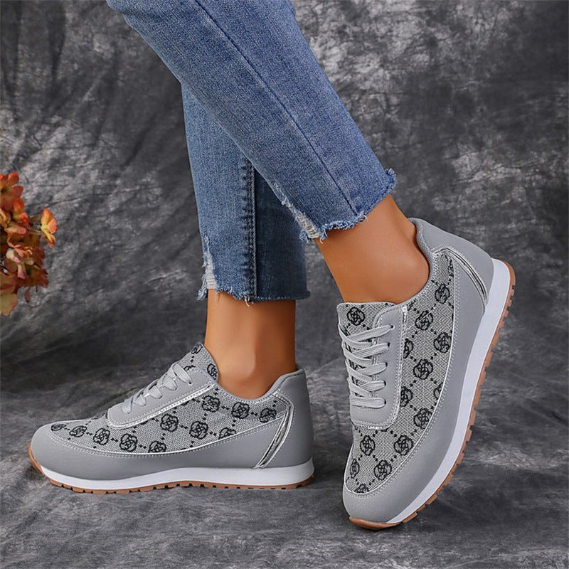 Flower Print Lace-up Sneakers Casual Fashion Lightweight Breathable Walking Running Sports Shoes Women Flats - Beuti-Ful