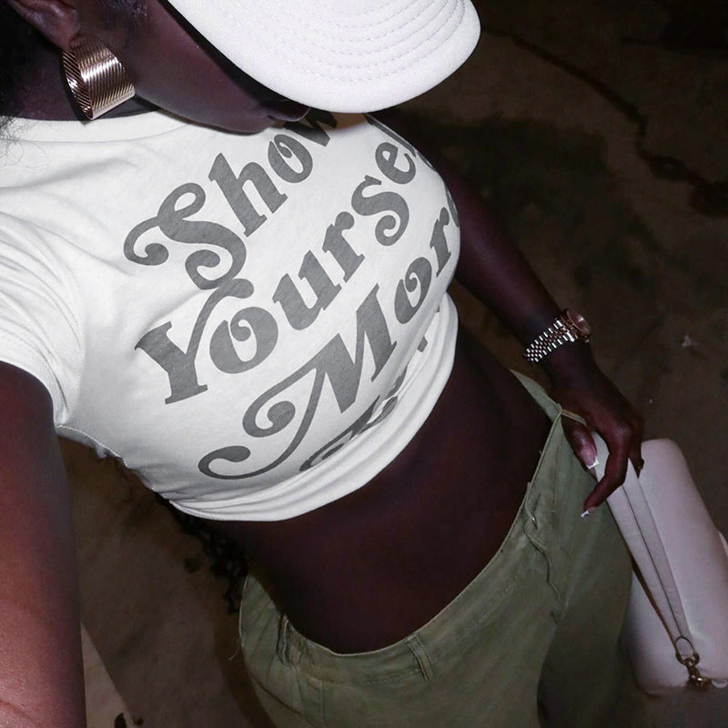 Hipster Round Neck T-shirt Versatile Letter Print crop top - Beuti-Ful