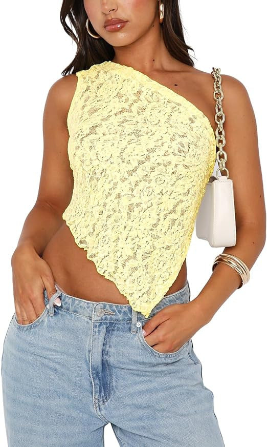 Lace Backless Top Summer Solid Color Waistless Asymmetrical Sloped Neck Vest