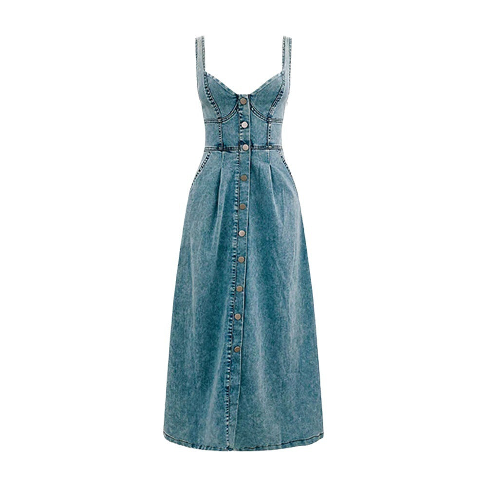 Women's Denim Buckle Strap Midi Dress - Beuti-Ful