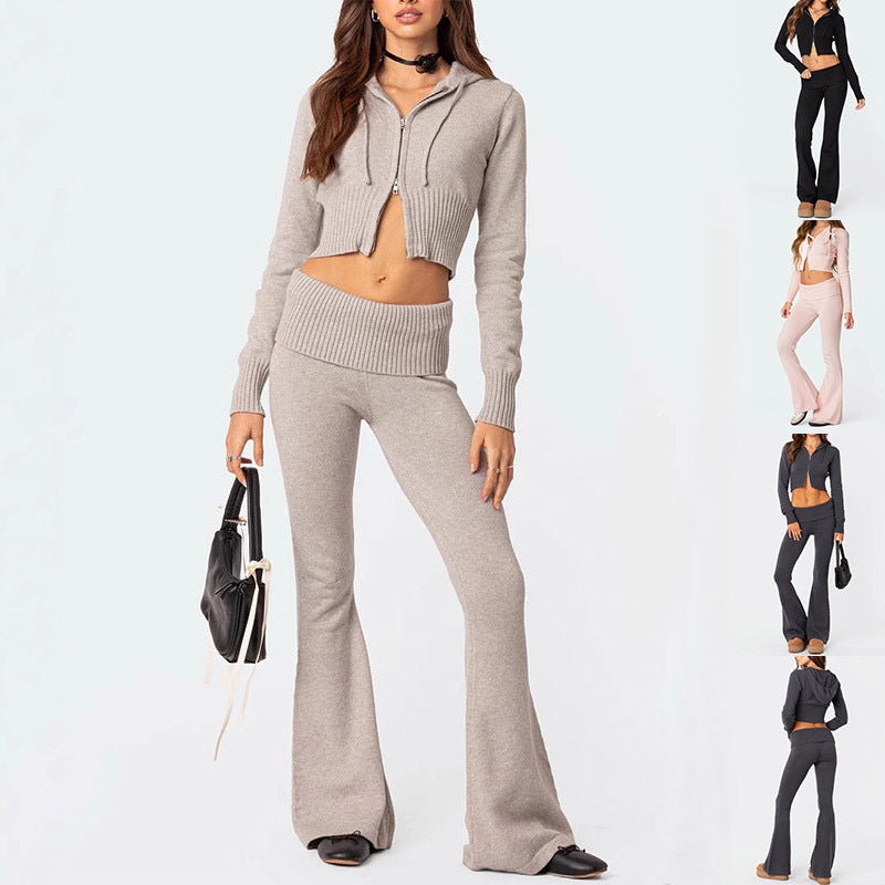 Knitted Hooded Suit Long Sleeve Zipper Cropped Top And Slim Flared Pants Trousers Solid Outfits